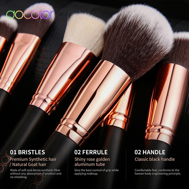 Docolor Rose Gold Makeup Brushes Set 15pcs Professional Natural Hair Brushes Foundation Powder Contour Eyeshadow Make Up Brushes