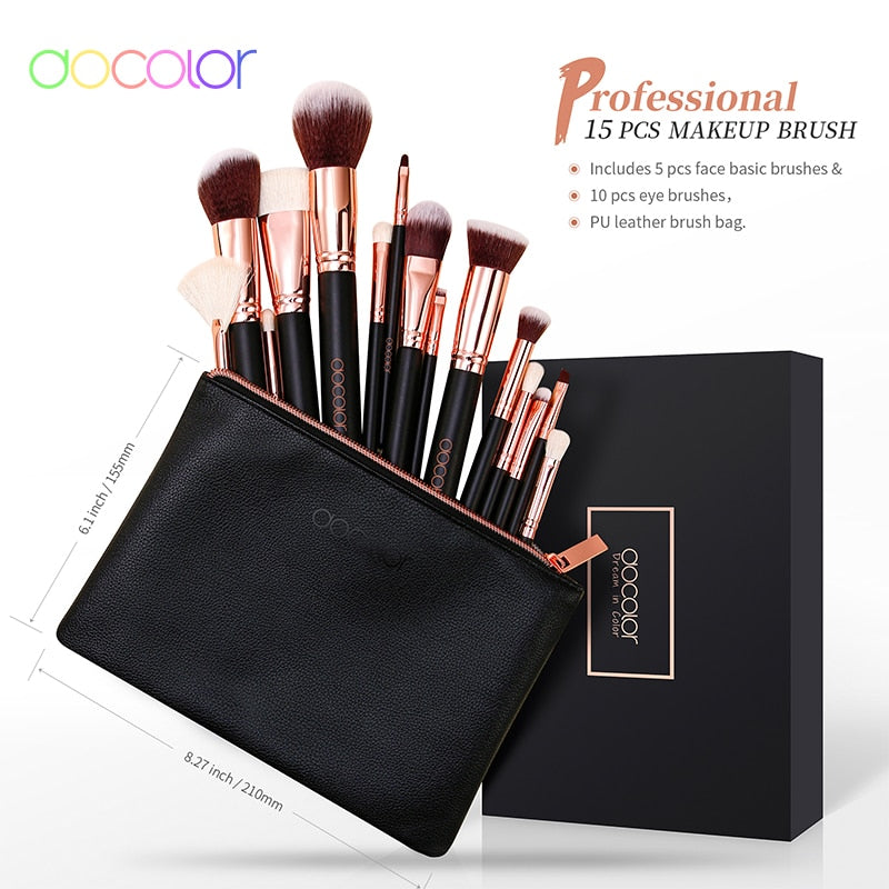Docolor Rose Gold Makeup Brushes Set 15pcs Professional Natural Hair Brushes Foundation Powder Contour Eyeshadow Make Up Brushes