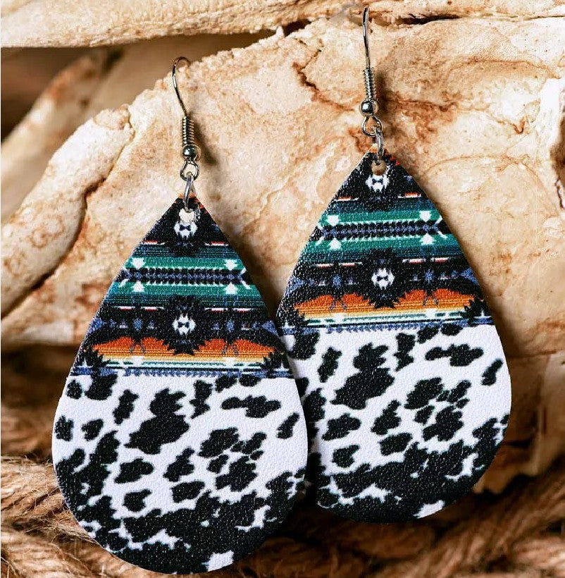 new drop-shaped retro cow leopard leather earrings western wind turquoise pattern pu earrings wholesale
