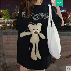 Bear T-shirt girlfriends outfit summer loose short-sleeved bf wind couple outfit mid-length half-sleeved top women's and men's trendy ins