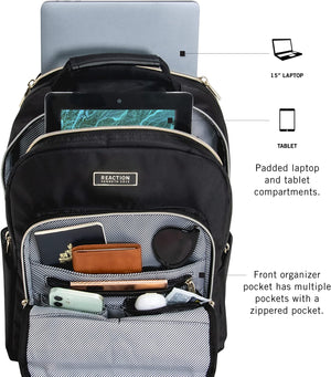 Kenneth Cole Reaction Women's Chelsea 15" Laptop Bag Computer Bookbag for Work, School, College, Nurse, Travel Daypack Purse Backpack, Black