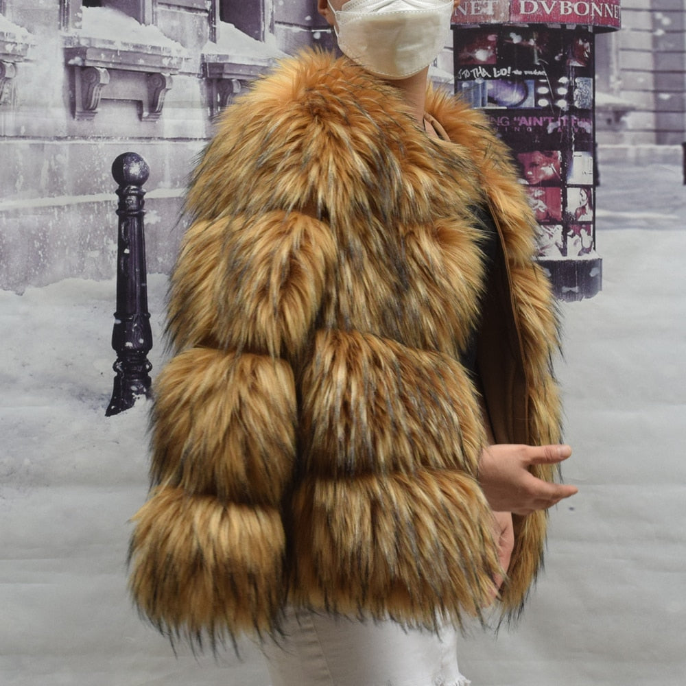 Faux Fur Coat Women&#39;s Jacket Winter Fashion Short Warm Thick Fox Raccoon Leather High Quality Brown Plus Size 2022 Fake Fur Coat