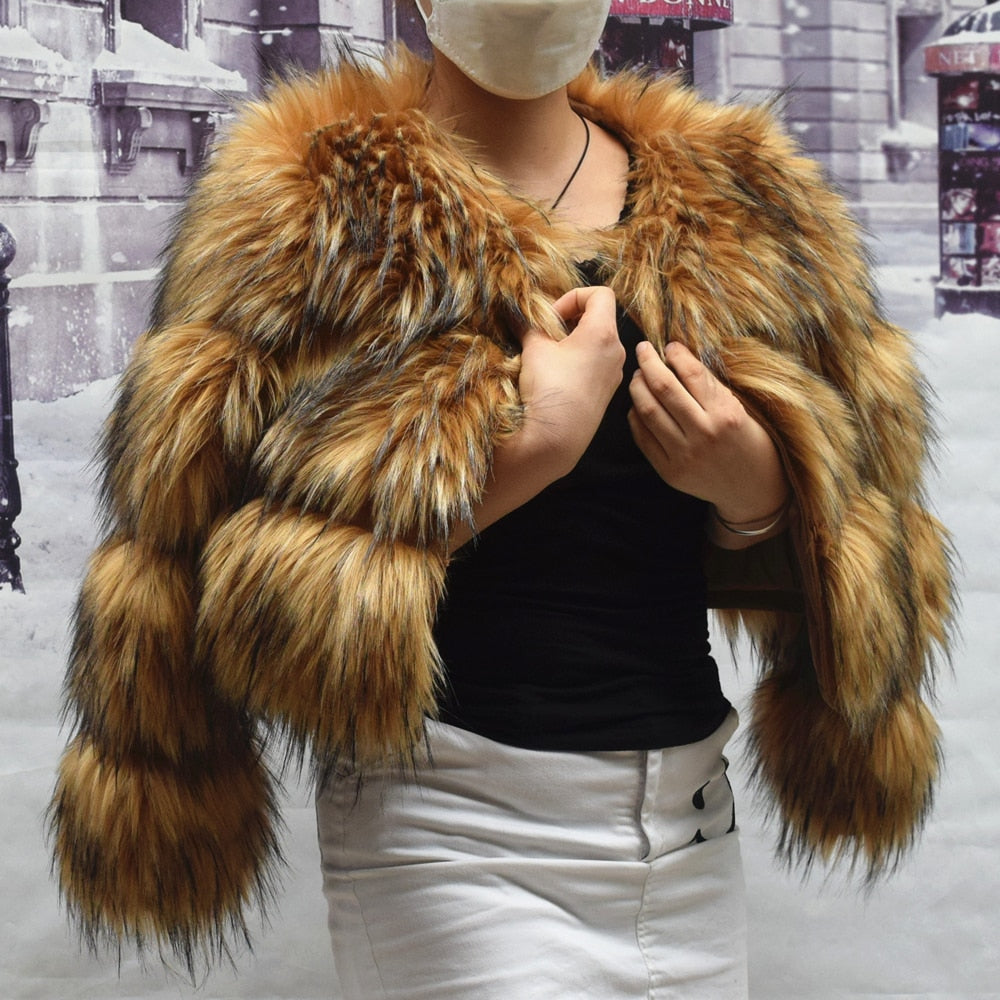 Faux Fur Coat Women&#39;s Jacket Winter Fashion Short Warm Thick Fox Raccoon Leather High Quality Brown Plus Size 2022 Fake Fur Coat