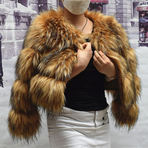 Faux Fur Coat Women&#39;s Jacket Winter Fashion Short Warm Thick Fox Raccoon Leather High Quality Brown Plus Size 2022 Fake Fur Coat