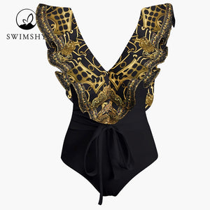 2023 Fashion Print Swimsuits Sexy Chic One-piece Swimwear Summer Beach Wear Ruffle V-neck Bikinis Women's Bathing Suit Backless