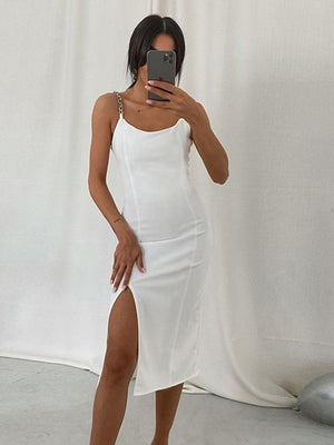 Beyouare Elegant Women's Dresses Chain Strapless Sleeveless Solid Basic Split Knee-Length Bodycon 2021 Summer Sexy Young Style