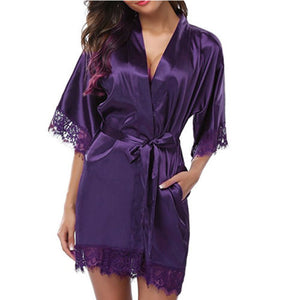 Silk Lace Dress Women&#39;s Sleepwear Mini Robe Half Sleeve Lace Bathrobe Sexy Lingerie Night Gown Thongs Nightdress