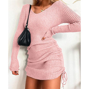 Women&#39;s Dress Knitted Drawstring Sexy Mini Dress Autumn Winter Elegant Fashion V-Neck Long Sleeve Bodycon Party Dresses Female