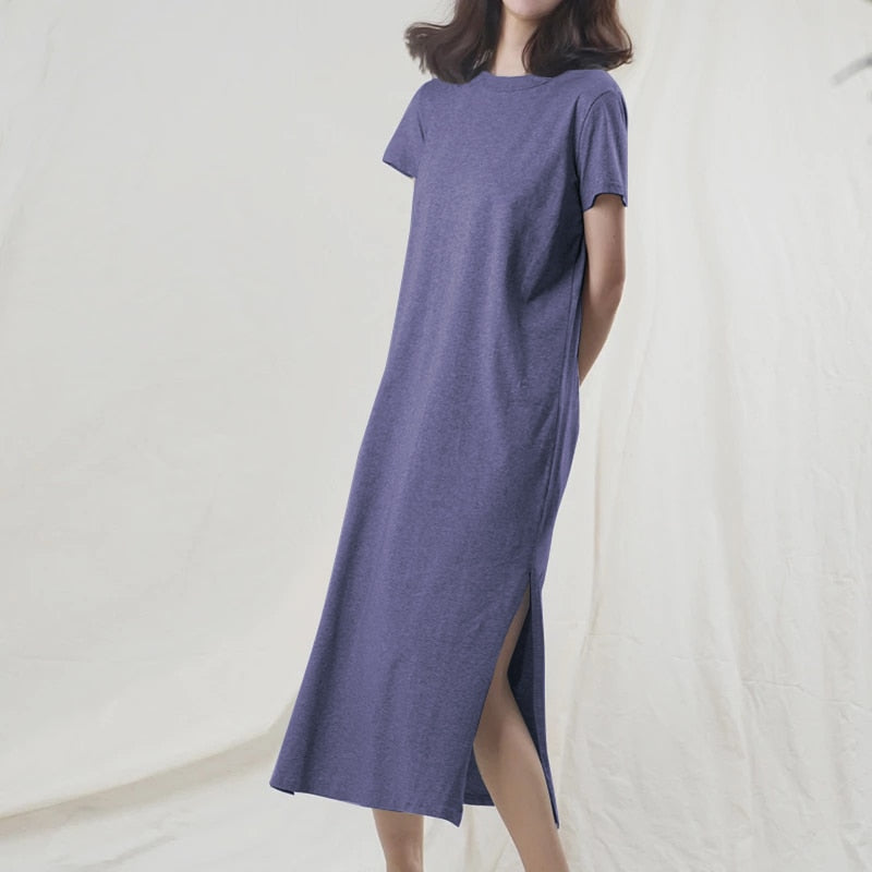 Casual 94% Cotton Summer Women&#39;s Dresses Solid Short Sleeve Spilt Long Midi Dress Fashion Sundress Female Clothing