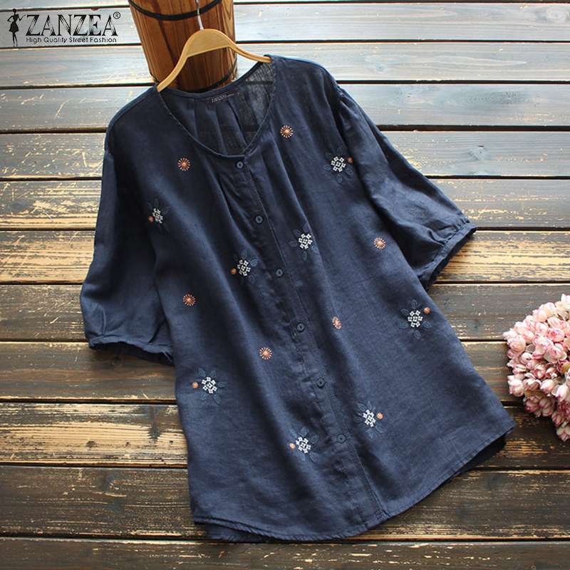 Stylish Summer Tops Women's Embroidery Blouses ZANZEA Floral Blusas Female Short Sleeve Tunic Casual Button Chemise