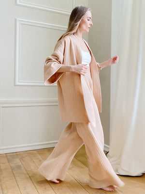 100% Cotton Women&#39;s Nightgown Robe Pajama Sets Flare Nightgown Trouser Suits Drop Sleeves Set Woman 2 Pieces Bathrobe For Women