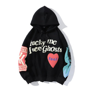 2021 Harajuku Weirdo Graffiti Letter Printed Hoodies Men Lucky Me I See Ghosts Mens Hooded Sweatshirt Fleece Pullover Streetwear
