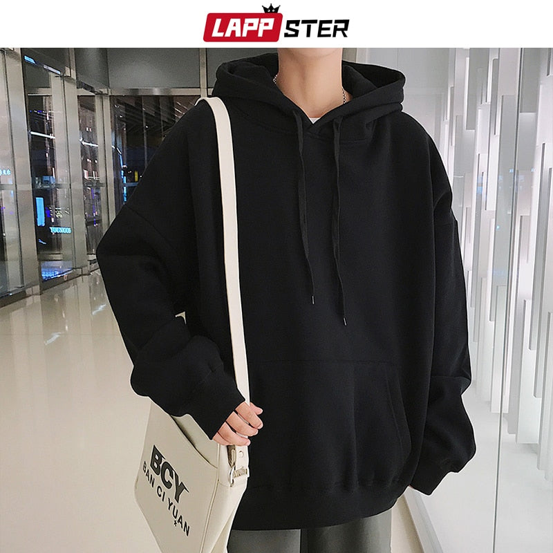LAPPSTER Men Harajuku Colorful Streetwear Hoodies 2022 Autumn Mens Hip Hop Solid Hooded Sweatshirts Korean Fashions Black Hoodie