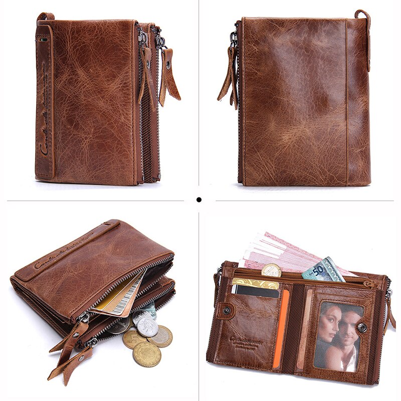 Fashion Genuine Leather Women Wallet Bi-fold Wallets Red ID Card Holder Coin Purse With Double Zipper Small Women&#39;s Purse 2022