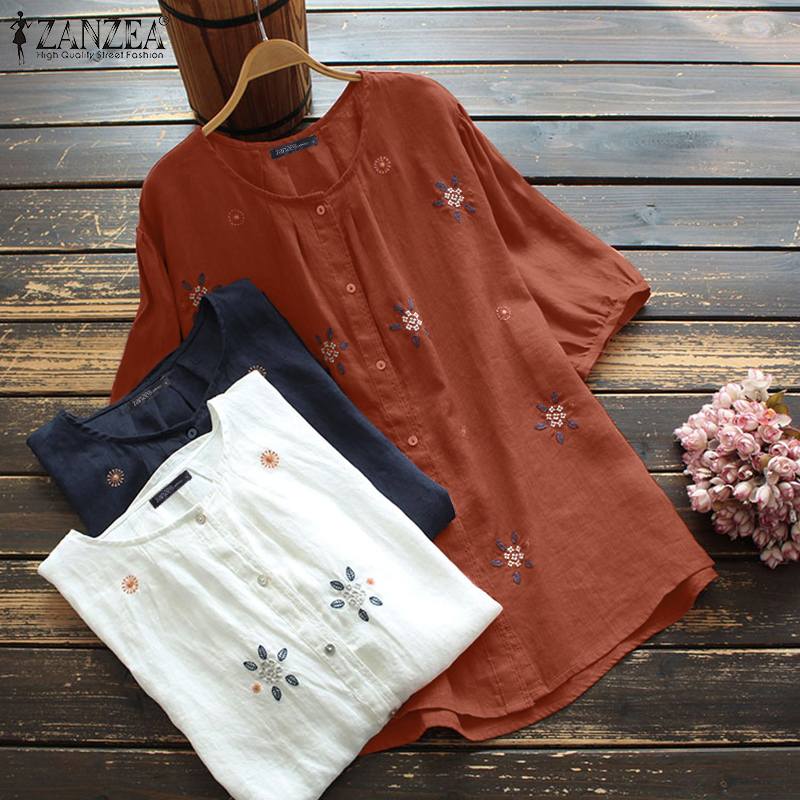 Stylish Summer Tops Women's Embroidery Blouses ZANZEA Floral Blusas Female Short Sleeve Tunic Casual Button Chemise