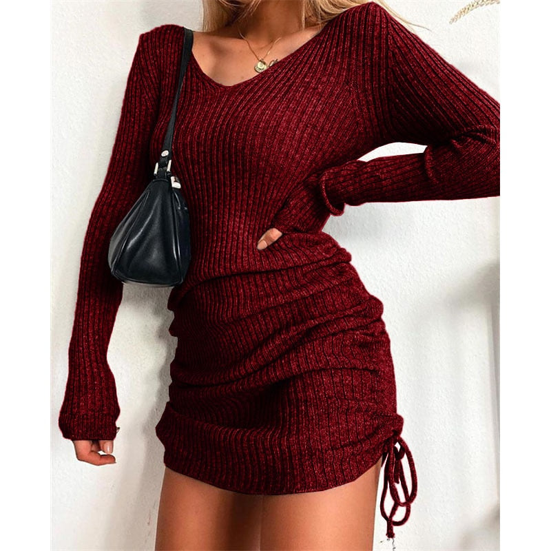 Women&#39;s Dress Knitted Drawstring Sexy Mini Dress Autumn Winter Elegant Fashion V-Neck Long Sleeve Bodycon Party Dresses Female