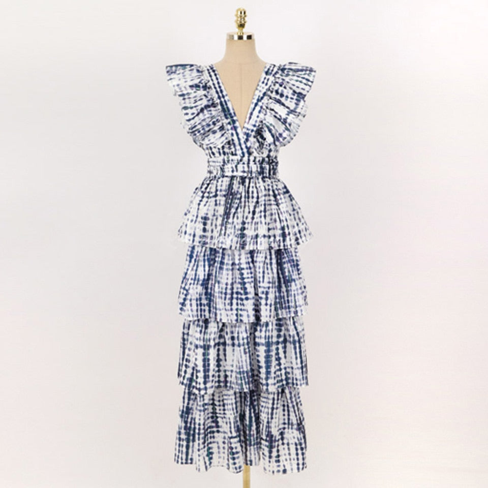 Leisurely Vacation Bohemia Dress 2022 Summer Sexy V-Neck Sleeveless Decoration Ruffled Cascading Loose Hem Women&#39;s Dresses