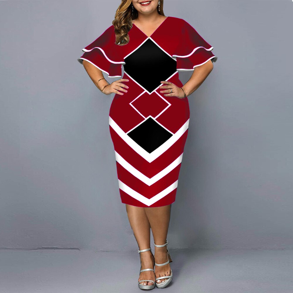 Plus Size Women Clothing Casual V Neck Geometric Printed Layered Bell Sleeve Women's  A Line Dresses Holiday 3x-4x Aesthetic