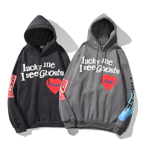 2021 Harajuku Weirdo Graffiti Letter Printed Hoodies Men Lucky Me I See Ghosts Mens Hooded Sweatshirt Fleece Pullover Streetwear