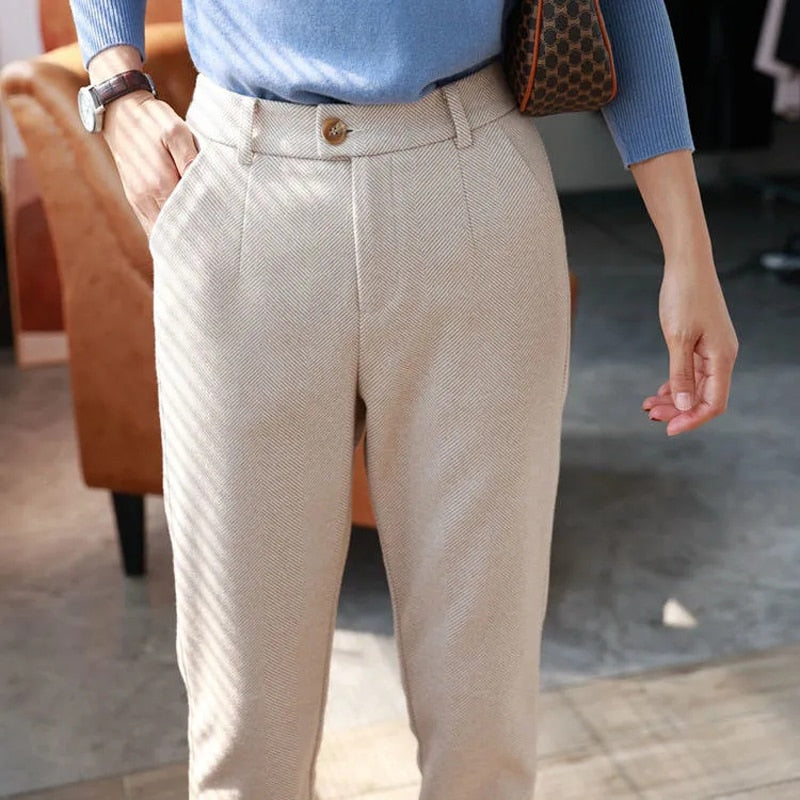 Woolen Pants Women&#39;s Harem Pencil Pants 2023 Autumn Winter High Waisted Casual Suit Pants Office Lady Women Trousers