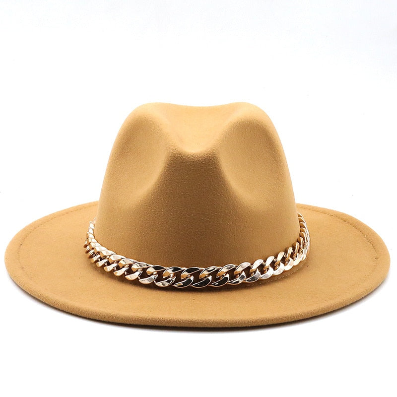 Simole fedora hüte frauen männer breite krempe Dicken gold kette band gefilzt hüte jazz kappe winter herbst panama kamel weiß frauen hüte