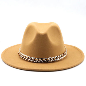 Simole fedora hüte frauen männer breite krempe Dicken gold kette band gefilzt hüte jazz kappe winter herbst panama kamel weiß frauen hüte