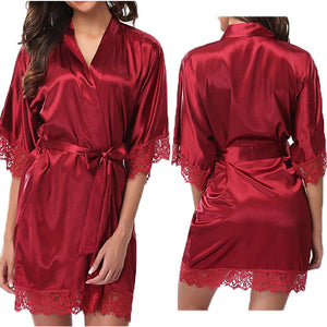 Silk Lace Dress Women&#39;s Sleepwear Mini Robe Half Sleeve Lace Bathrobe Sexy Lingerie Night Gown Thongs Nightdress