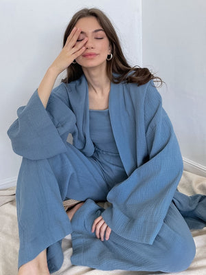 100% Cotton Women&#39;s Nightgown Robe Pajama Sets Flare Nightgown Trouser Suits Drop Sleeves Set Woman 2 Pieces Bathrobe For Women
