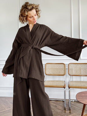 100% Cotton Women&#39;s Nightgown Robe Pajama Sets Flare Nightgown Trouser Suits Drop Sleeves Set Woman 2 Pieces Bathrobe For Women