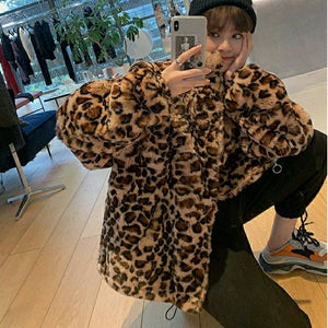 Winter Leopard Print Jacket Women&#39;s Stand collar Warm Parkas Outwear 2023 New Autumn Winter Korean Female Loose Faux Fur Coats