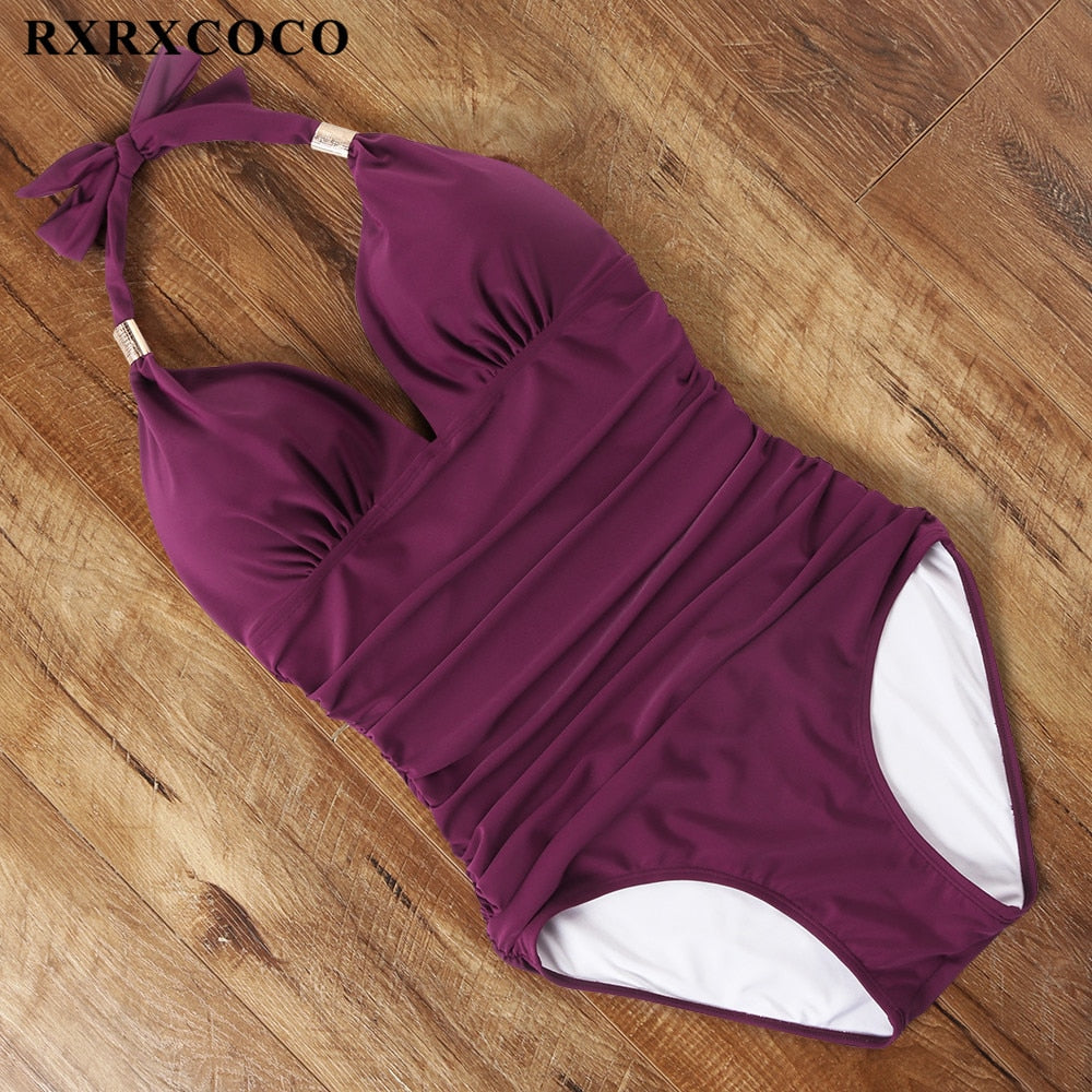 RXRXCOCO Women&#39;s Swimsuit One Piece Push Up Swimwear Women Neck Hanging Backless Sexy Bathing Suit Black Blue Beachwear Swimsuit