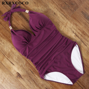 RXRXCOCO Women&#39;s Swimsuit One Piece Push Up Swimwear Women Neck Hanging Backless Sexy Bathing Suit Black Blue Beachwear Swimsuit