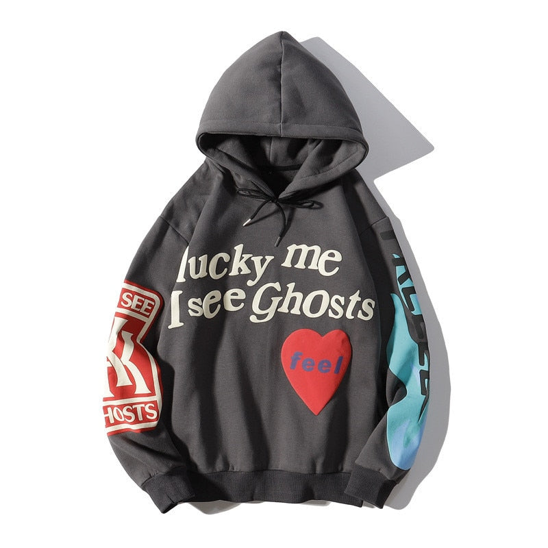 2021 Harajuku Weirdo Graffiti Letter Printed Hoodies Men Lucky Me I See Ghosts Mens Hooded Sweatshirt Fleece Pullover Streetwear