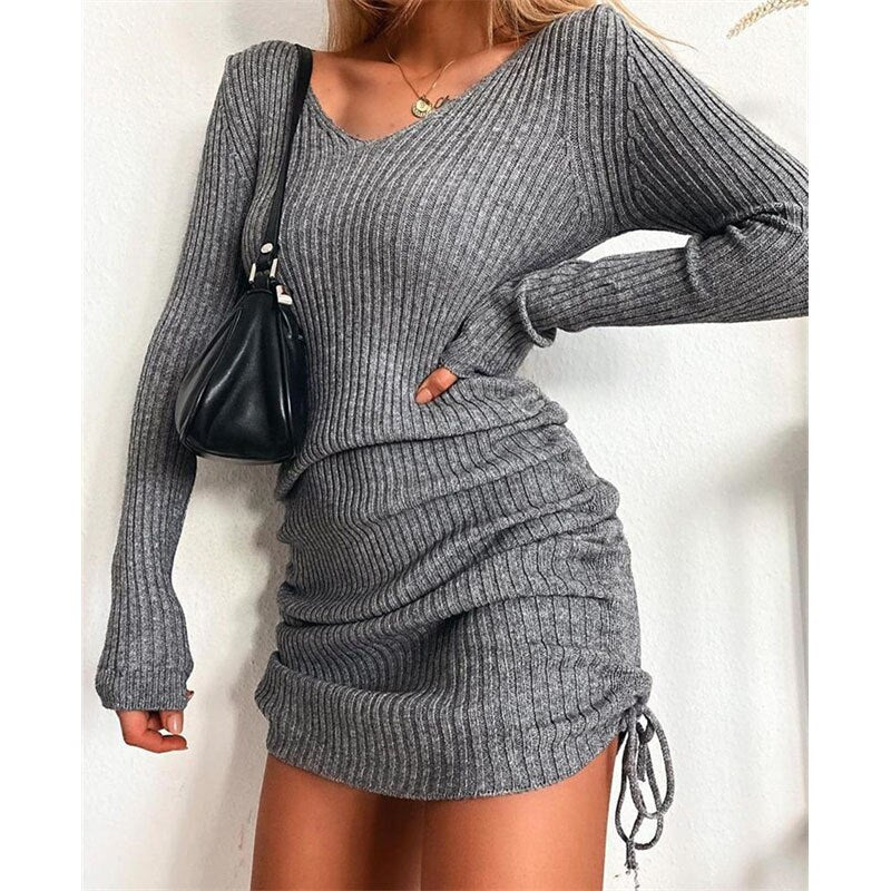 Women&#39;s Dress Knitted Drawstring Sexy Mini Dress Autumn Winter Elegant Fashion V-Neck Long Sleeve Bodycon Party Dresses Female