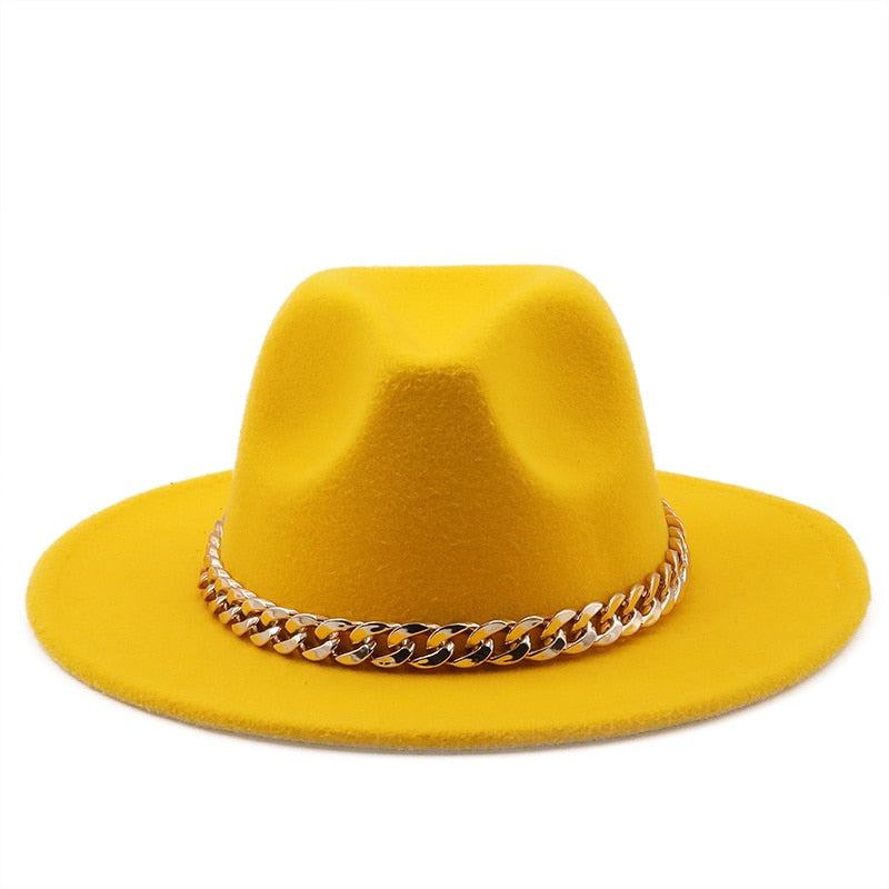 Simole fedora hüte frauen männer breite krempe Dicken gold kette band gefilzt hüte jazz kappe winter herbst panama kamel weiß frauen hüte