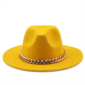 Simole fedora hüte frauen männer breite krempe Dicken gold kette band gefilzt hüte jazz kappe winter herbst panama kamel weiß frauen hüte
