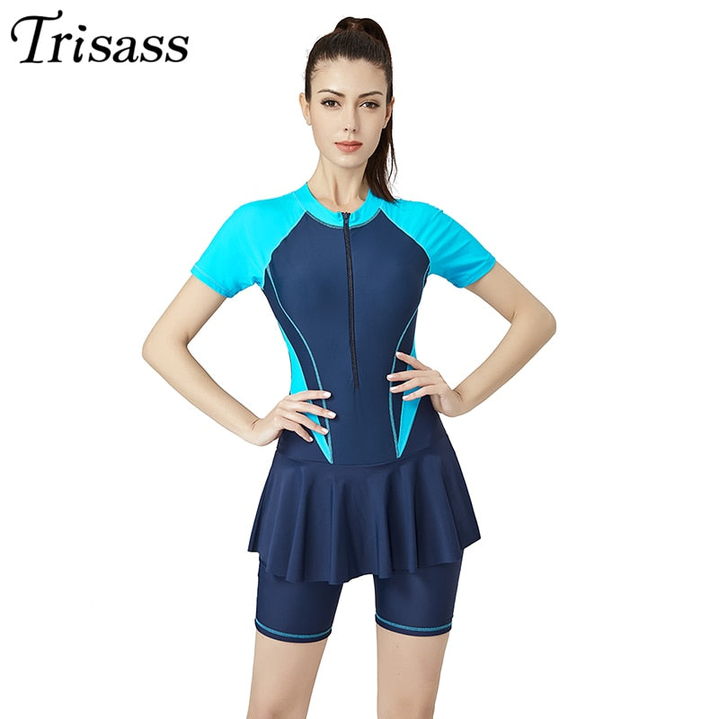 Trisass 2020 New Women&#39;s One Piece Skirt Swimwear Plus Size Sport Bodysuit Short Sleeve Pants Surf Suit With Zipper Swimsuit