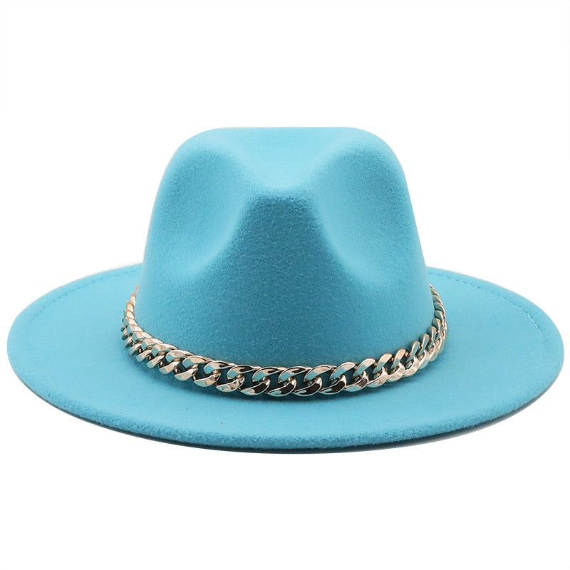 Simole fedora hüte frauen männer breite krempe Dicken gold kette band gefilzt hüte jazz kappe winter herbst panama kamel weiß frauen hüte