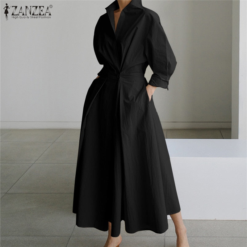 Oversized Elegant Women Spring Sundress ZANZEA Fashion Lapel Neck Long Sleeve Solid Long Shirt Dress OL Vestidos Robe Femme