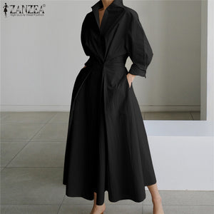 Oversized Elegant Women Spring Sundress ZANZEA Fashion Lapel Neck Long Sleeve Solid Long Shirt Dress OL Vestidos Robe Femme