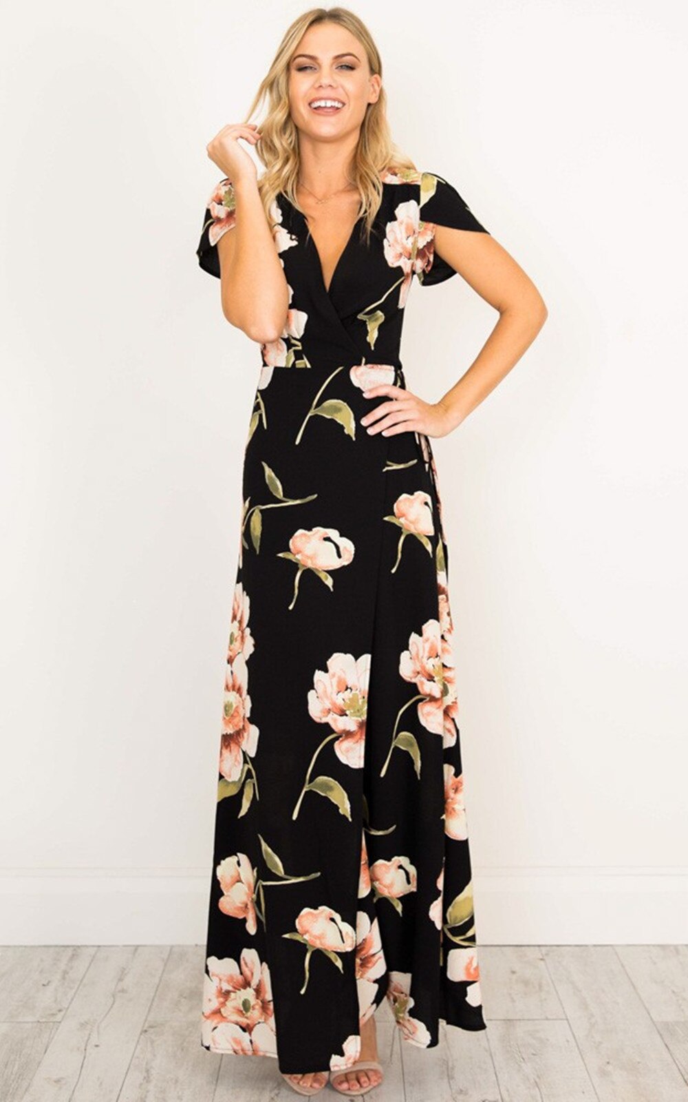 Summer New Women&#39;s Dresses V Neck Sexy High Side Split Short Sleeves Printing Floral Gowns Casual Ladies Dress Ankle Length