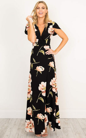 Summer New Women&#39;s Dresses V Neck Sexy High Side Split Short Sleeves Printing Floral Gowns Casual Ladies Dress Ankle Length