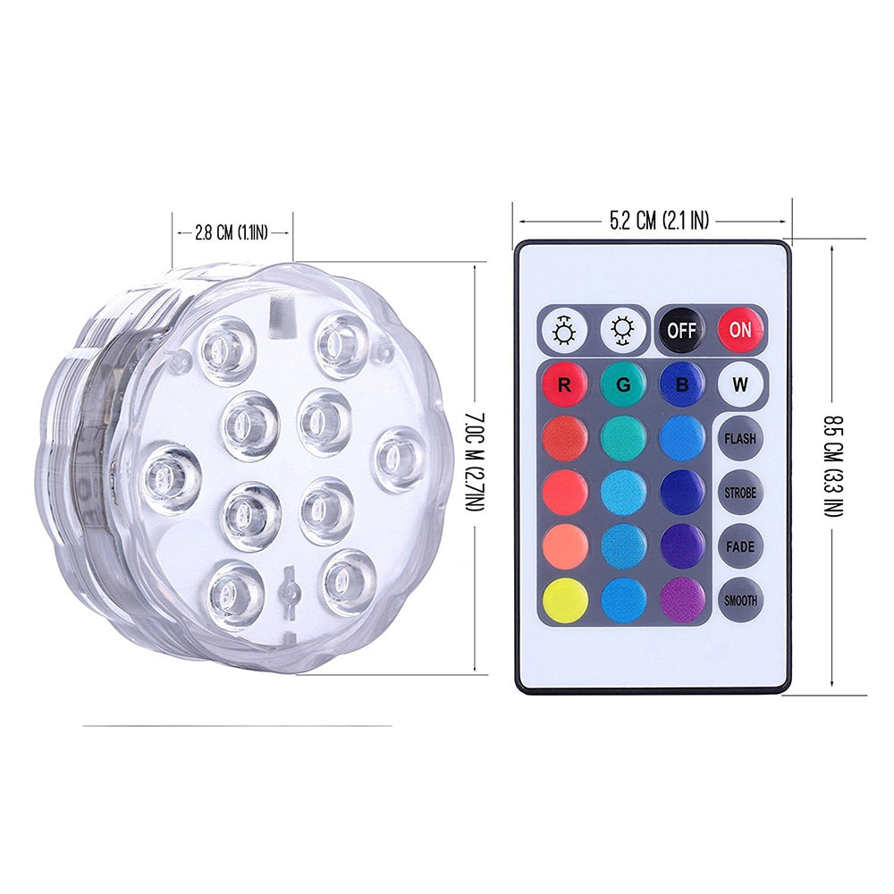 10leds RGB Submersible Light IP68 Waterproof Outdoor Swimming Pool Lights for Wedding Christmas Party Vase Fish Tank Pond Decor