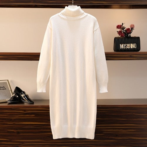 Knitted dress autumn and winter women&#39;s loose long sweater pullover turtleneck solid casual female