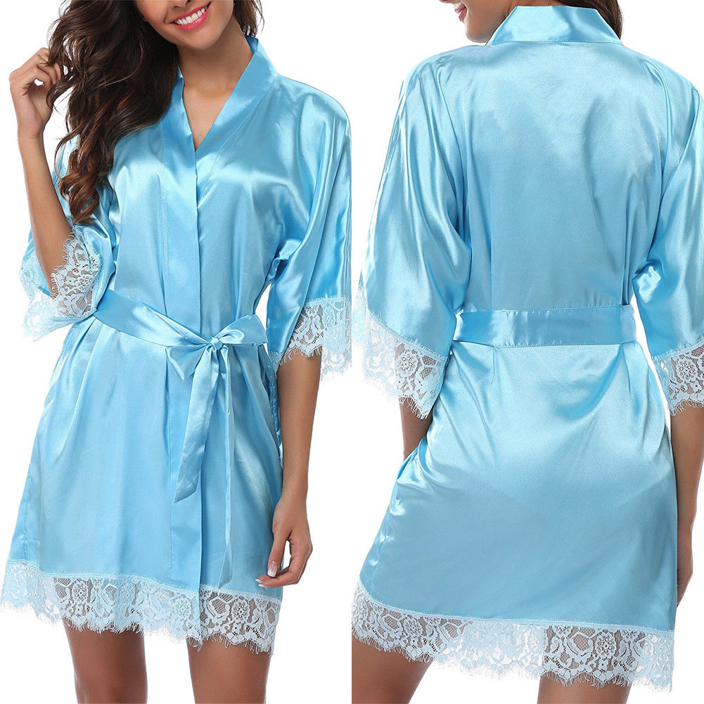 Silk Lace Dress Women&#39;s Sleepwear Mini Robe Half Sleeve Lace Bathrobe Sexy Lingerie Night Gown Thongs Nightdress