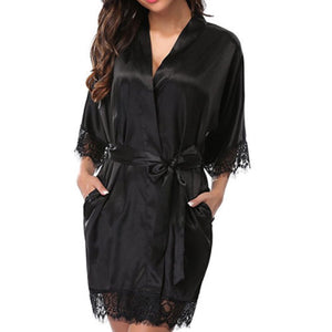 Silk Lace Dress Women&#39;s Sleepwear Mini Robe Half Sleeve Lace Bathrobe Sexy Lingerie Night Gown Thongs Nightdress