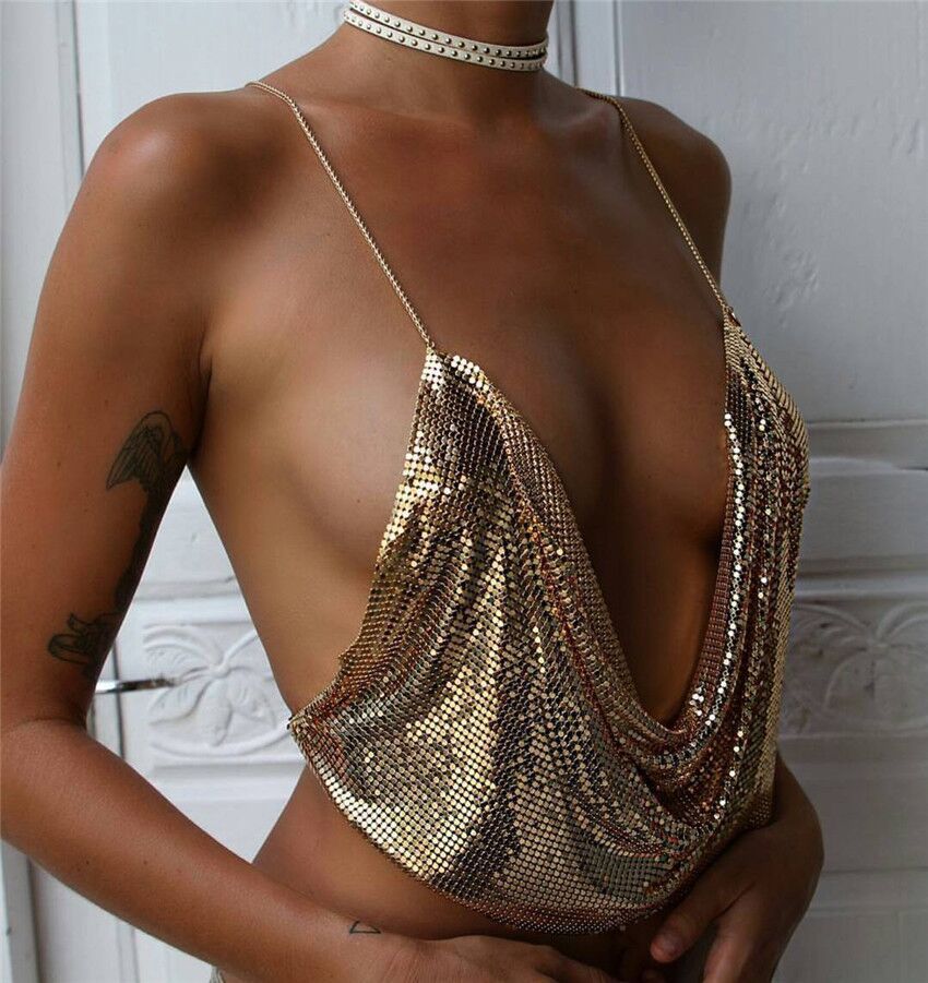 Women's Metal Sequins Camisoles Sexy Backless Chain Halter Crop Tops Party Dance Club Wear Lady Ruched Deep V Tops Streetwear