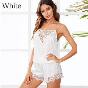Women Pajamas Sexy Lace Pijama Nightie Sleepwear Home Clothes Tops and Shorts Women&#39;s Silk Pajamas Solid Color Pajama Set Women