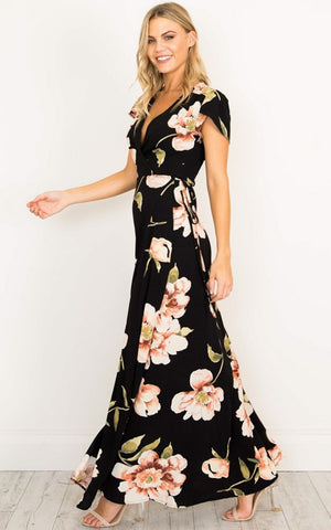 Summer New Women&#39;s Dresses V Neck Sexy High Side Split Short Sleeves Printing Floral Gowns Casual Ladies Dress Ankle Length