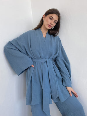100% Cotton Women&#39;s Nightgown Robe Pajama Sets Flare Nightgown Trouser Suits Drop Sleeves Set Woman 2 Pieces Bathrobe For Women